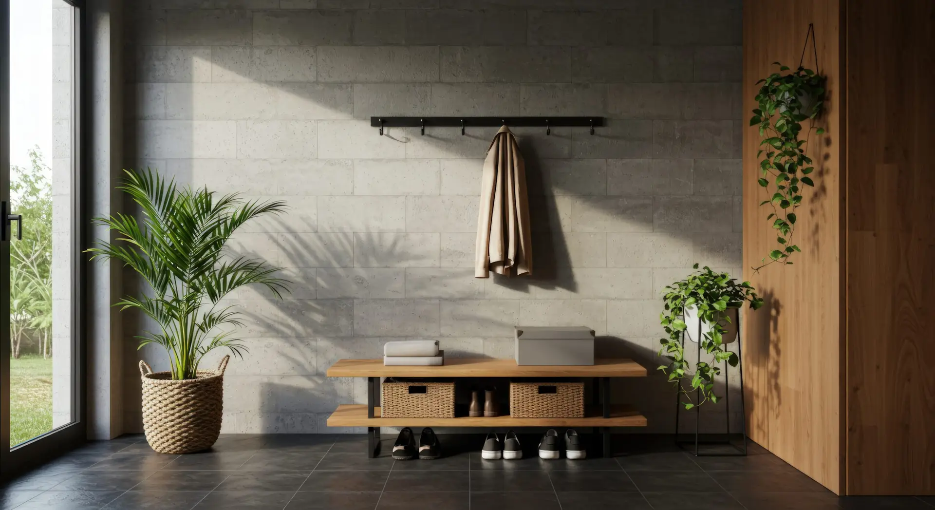 Inspiratie voor een hal met tegels, een bankje en een plant